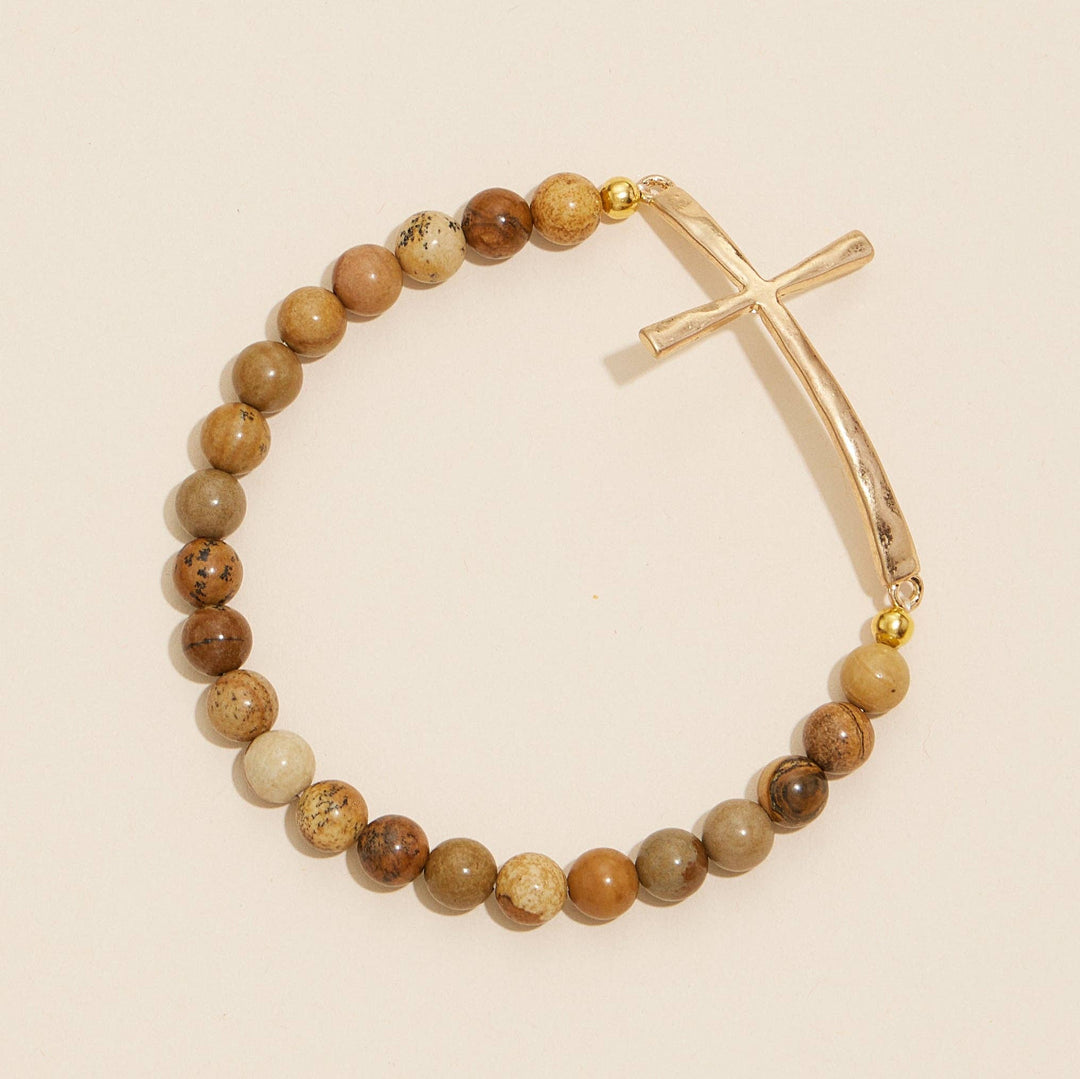 Accessories, Bracelets - Natural Stone Cross Stretch Bracelet - - Cultured Cloths Apparel