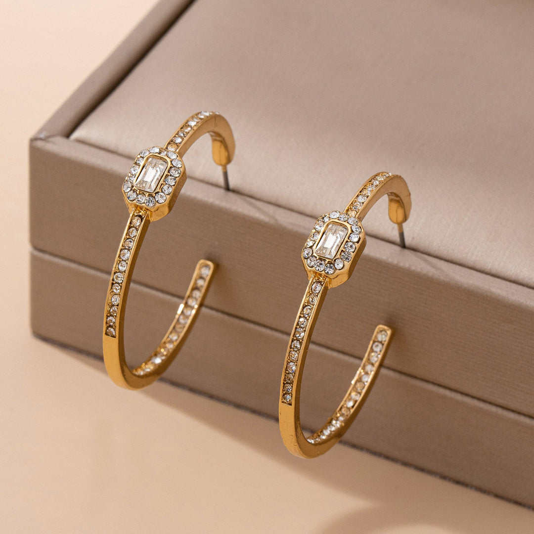 Accessories, Earrings - Solitaire Square Crystal Gold Hoop Earrings | 80E61752 - - Cultured Cloths Apparel