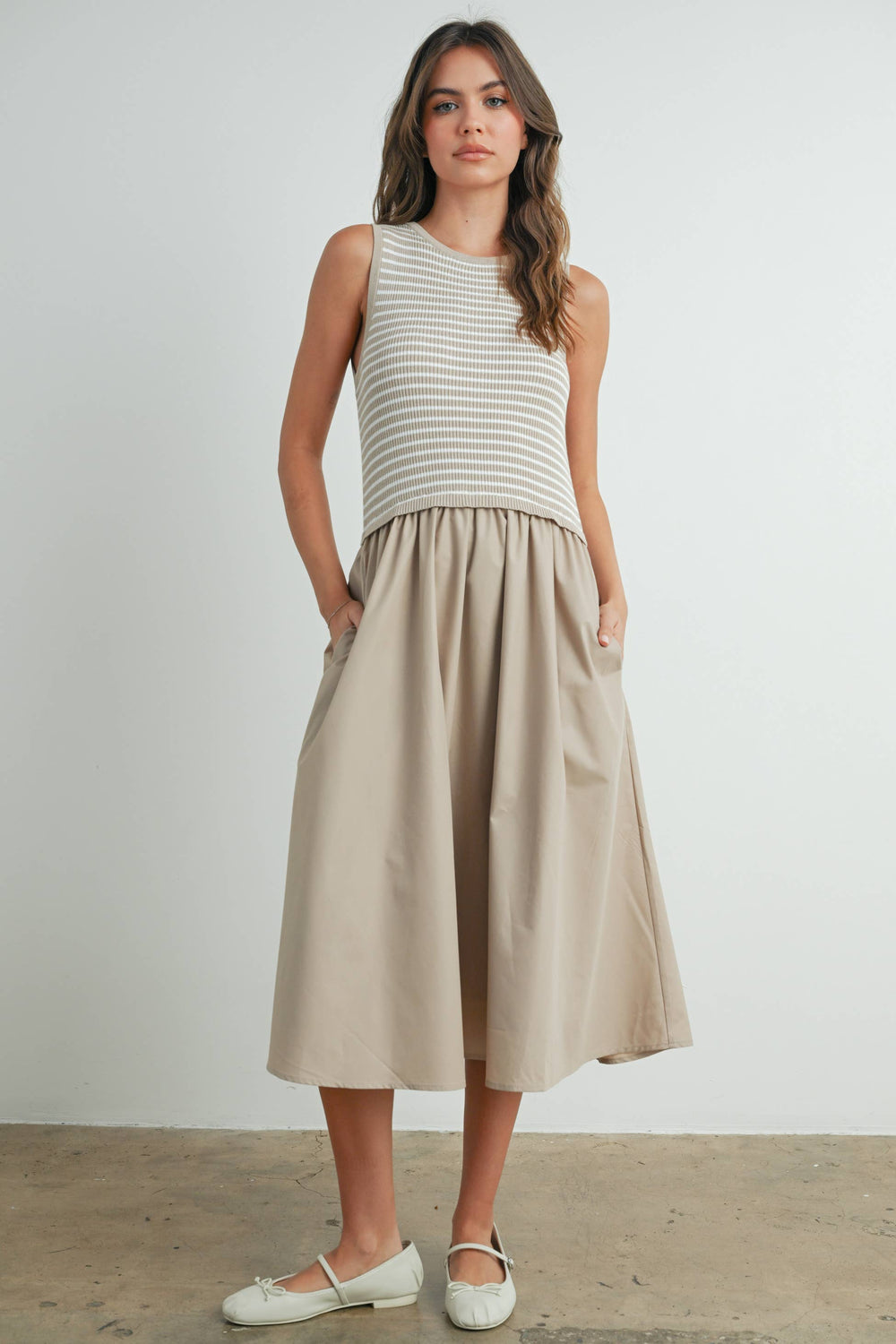 Dresses - Striped Sleeveless Maxi Dress with PocketS - TAUPE / IVORY - Cultured Cloths Apparel