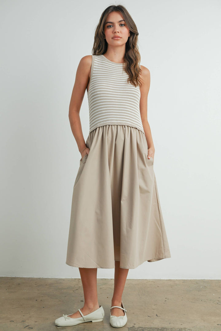 Dresses - Striped Sleeveless Maxi Dress with PocketS - TAUPE / IVORY - Cultured Cloths Apparel