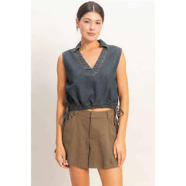 Women's Short Sleeve - Collared V-Neck Drawstring Tank - - Cultured Cloths Apparel