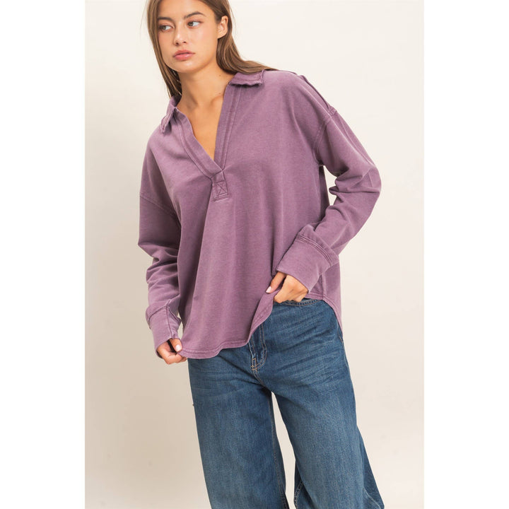 Mineral Washed Polo Collar Long Sleeve Top
