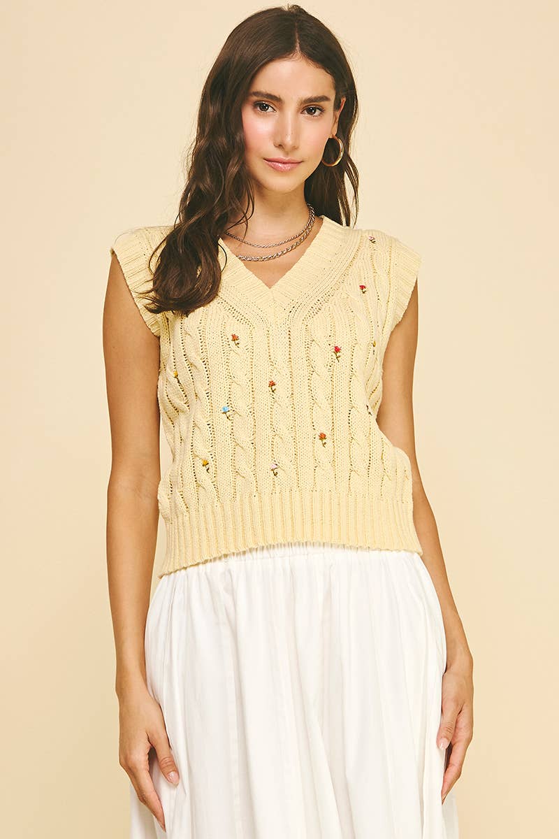 Women's Sleeveless - FLORAL EMBROIDERED CABLE KNIT SWEATER VEST - - Cultured Cloths Apparel