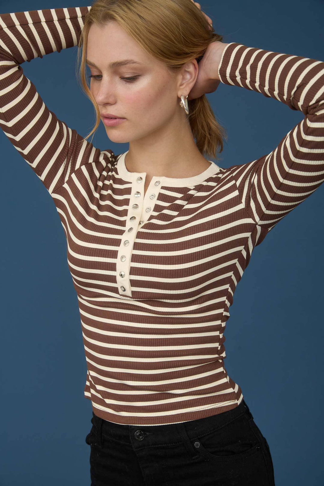 Women's Long Sleeve - STRIPE SNAP BUTTON HENLEY RIB KNIT TOP - - Cultured Cloths Apparel
