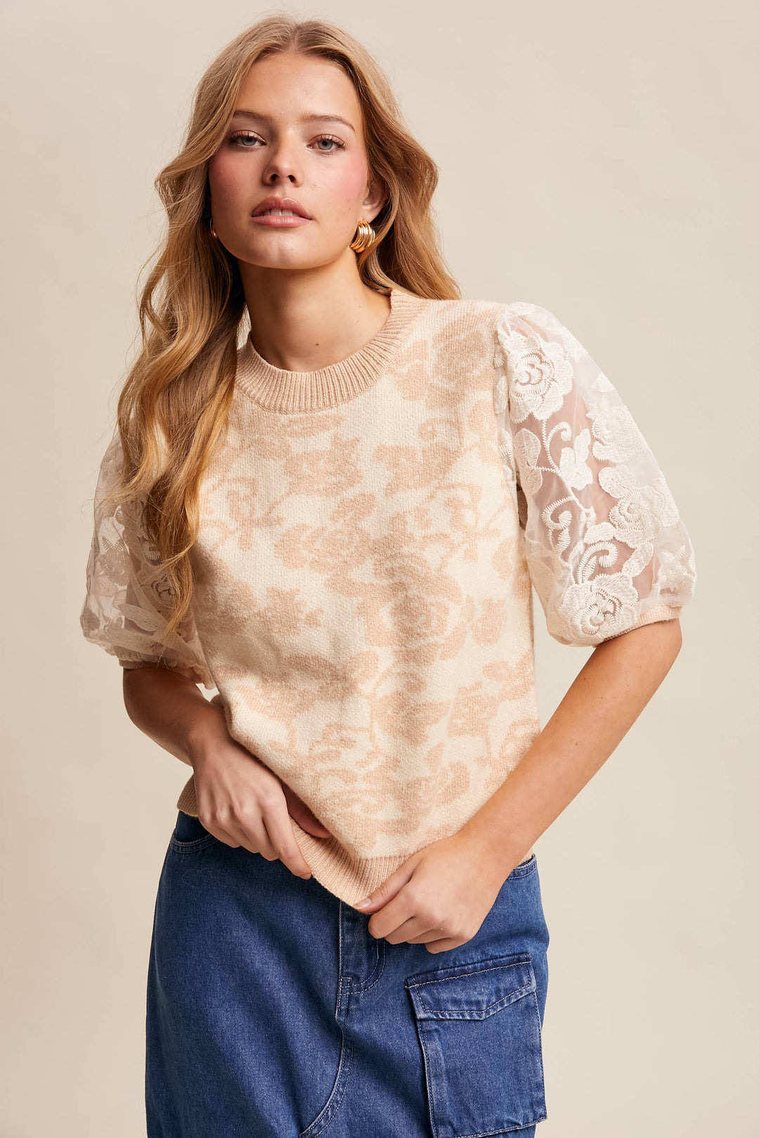 Women's Short Sleeve - Rose Embroidered Contrast Knit Top - - Cultured Cloths Apparel