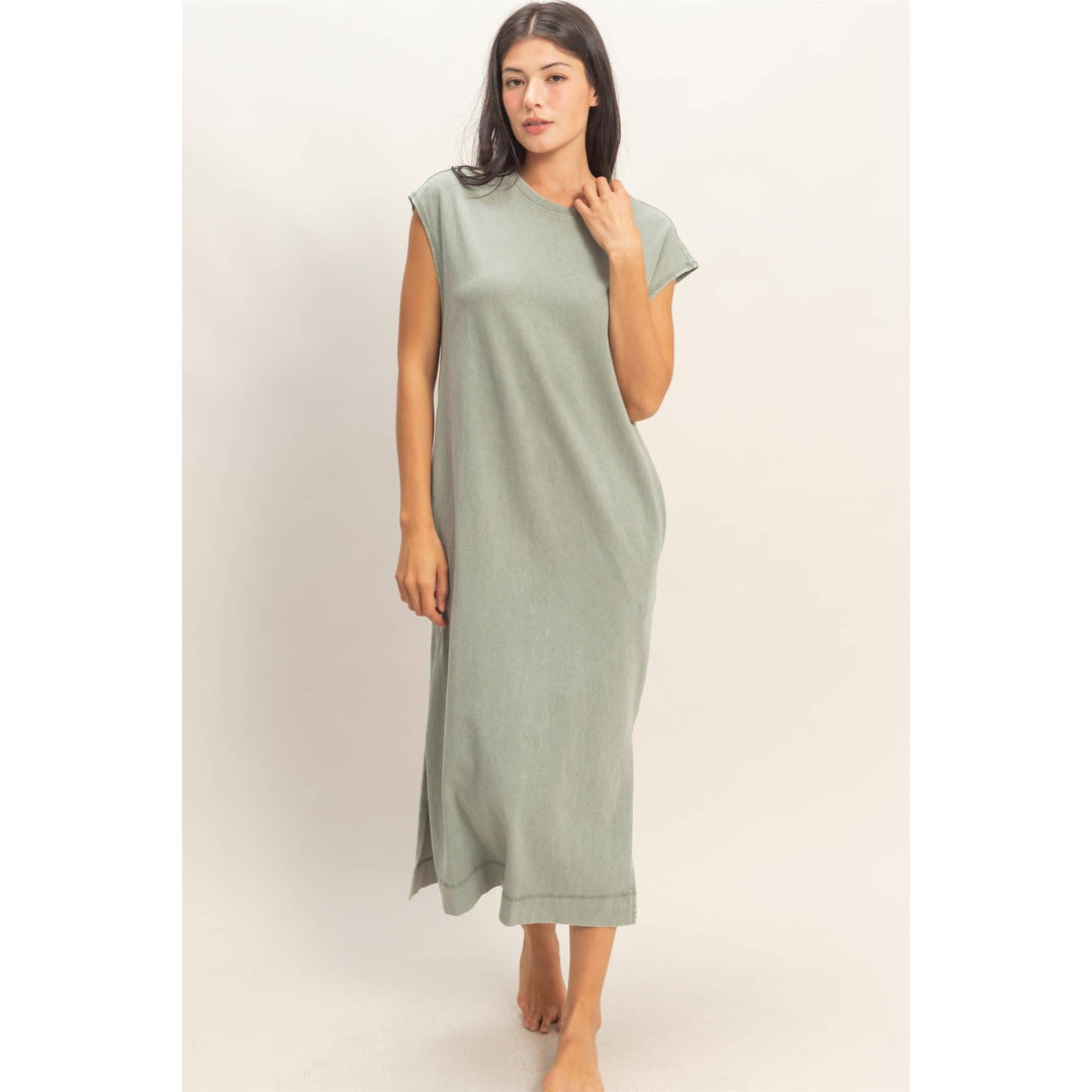 Chocolate Mineral Wash Cap Sleeve Midi Dress