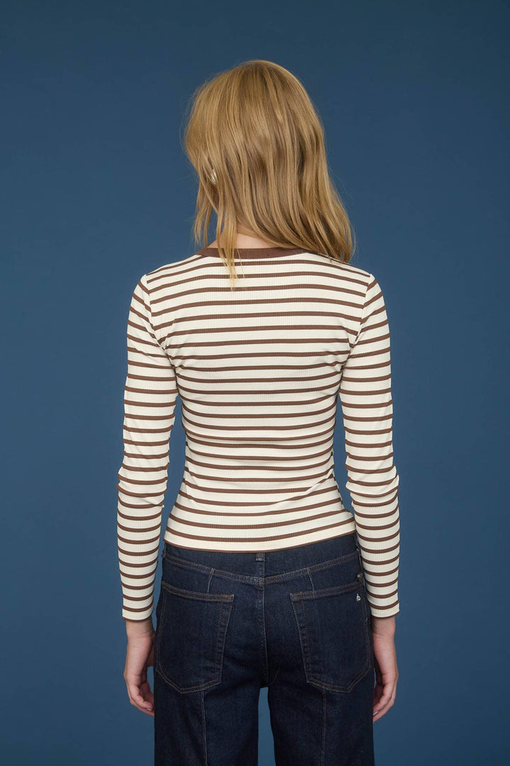 Women's Long Sleeve - STRIPE SNAP BUTTON HENLEY RIB KNIT TOP - - Cultured Cloths Apparel