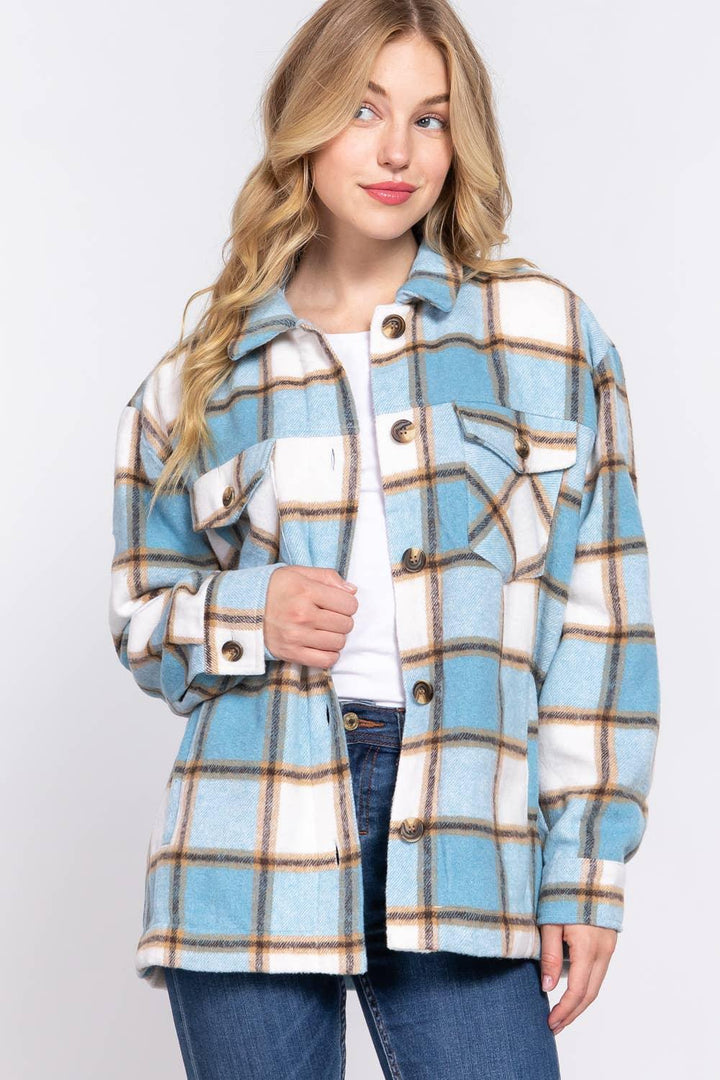 Outerwear - Long Sleeve Inside Faux Fur Brushed Plaid Jacket - - Cultured Cloths Apparel