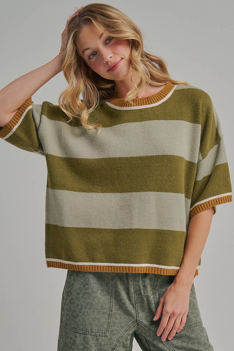 WIDE STRIPE LOOSE FIT DROP SHOULDER SWEATER TOP