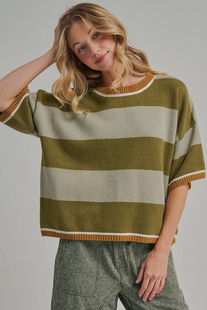 WIDE STRIPE LOOSE FIT DROP SHOULDER SWEATER TOP