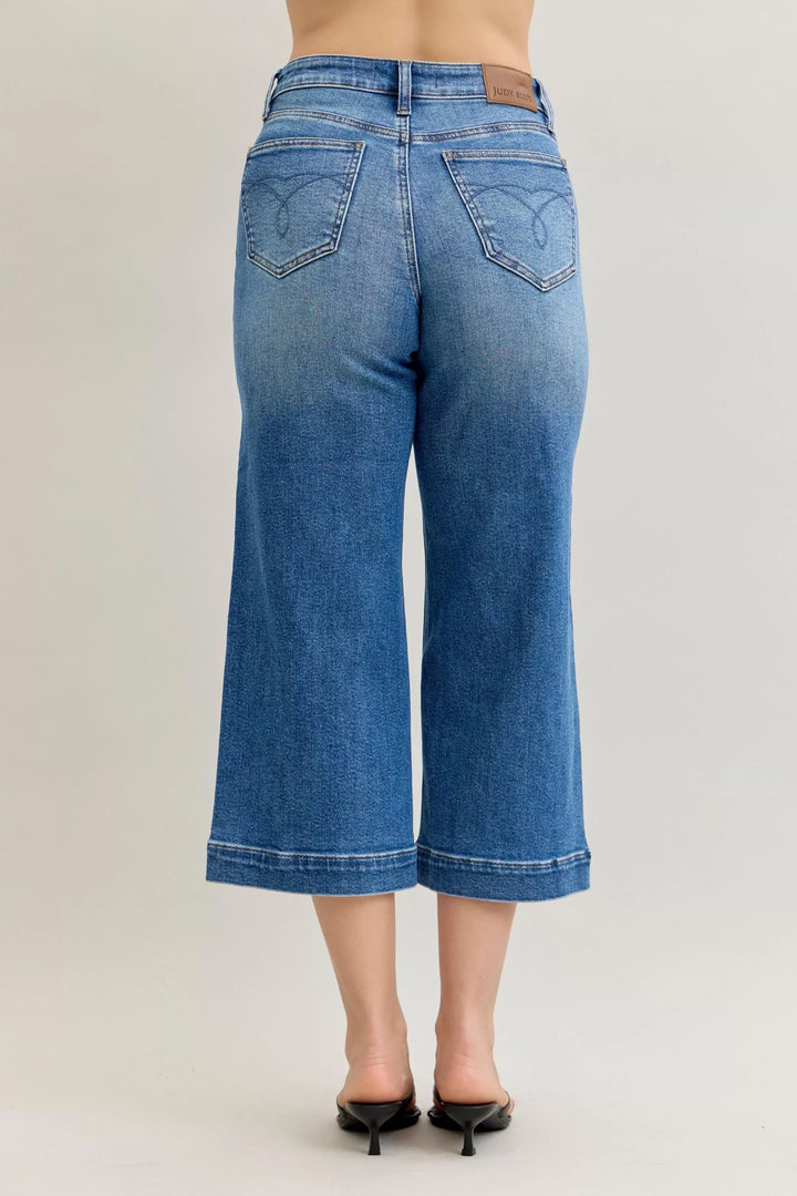 Denim - Judy Blue Mid Rise Crop Wide Leg Jeans - - Cultured Cloths Apparel
