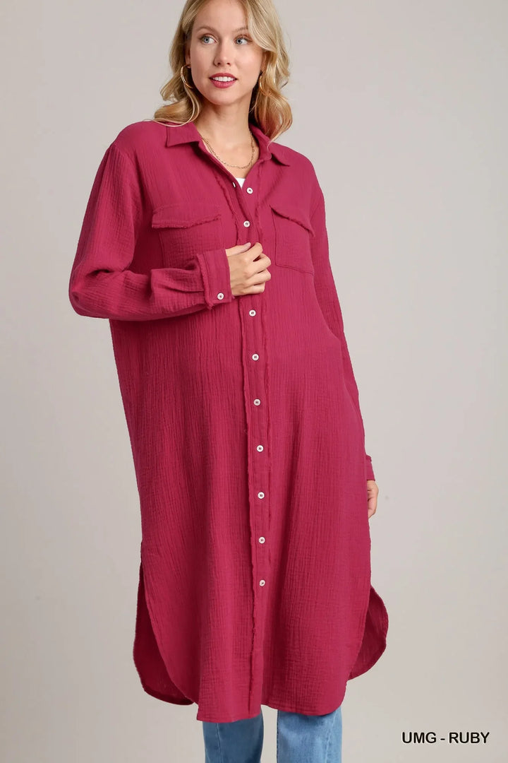 Women's Dresses - Umgee Cotton Gauze Button Down Shirt Dress - UMG-RUBY - Cultured Cloths Apparel