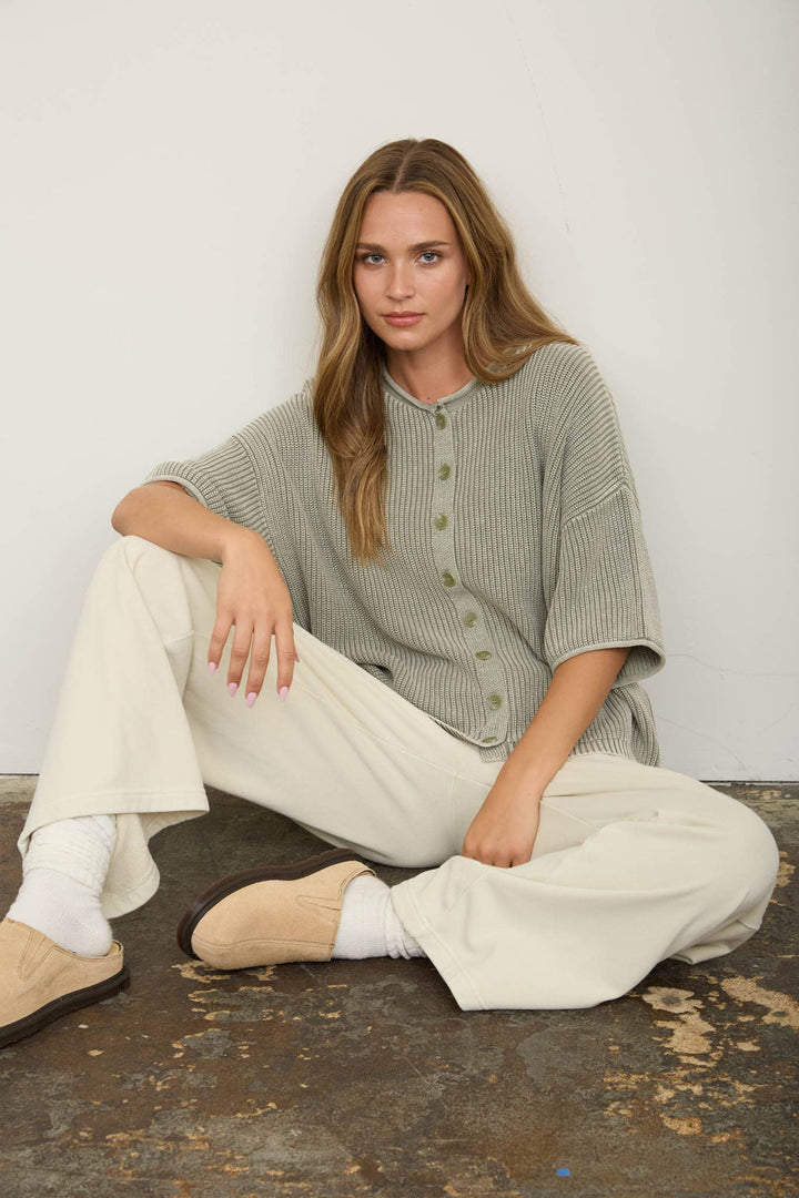 Cardigans - WASHED RIBBED SHORT SLEEVE ROLLED EDGE CARDIGAN - - Cultured Cloths Apparel