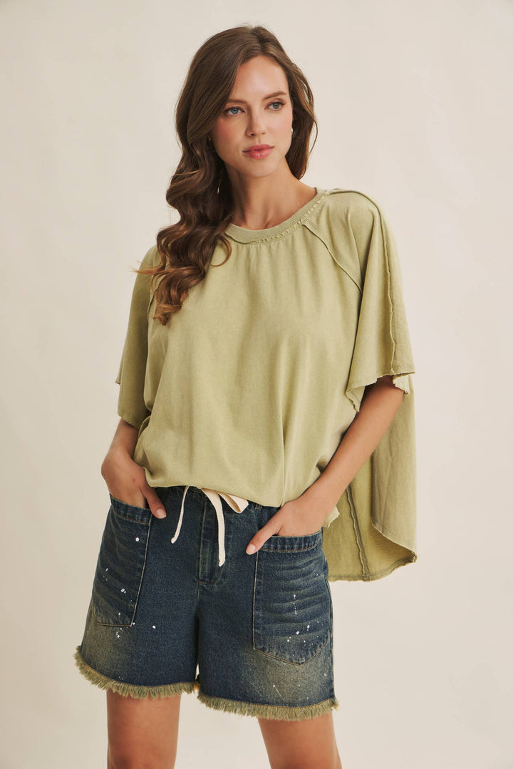 Women's Short Sleeve - EASY DRAPE MINERAL-WASHED PONCHO-LIKE COTTON JERSEY TOP - - Cultured Cloths Apparel