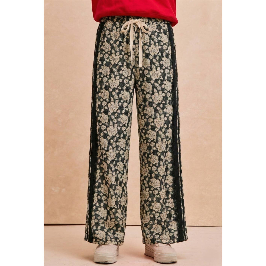 FLORAL JACQUARD SIDE LACE TRIM ELASTIC PANTS