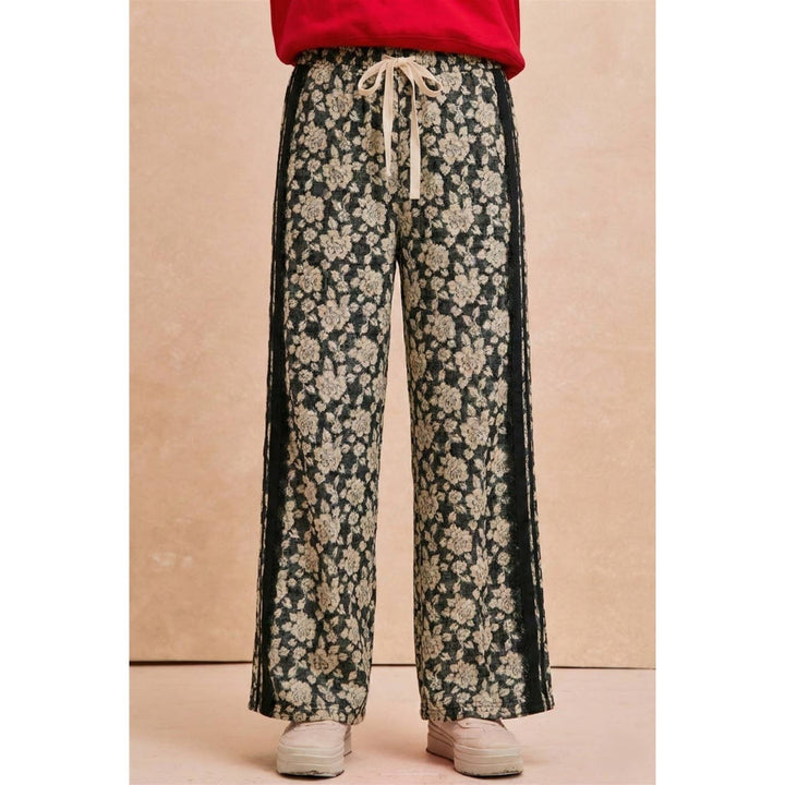 FLORAL JACQUARD SIDE LACE TRIM ELASTIC PANTS