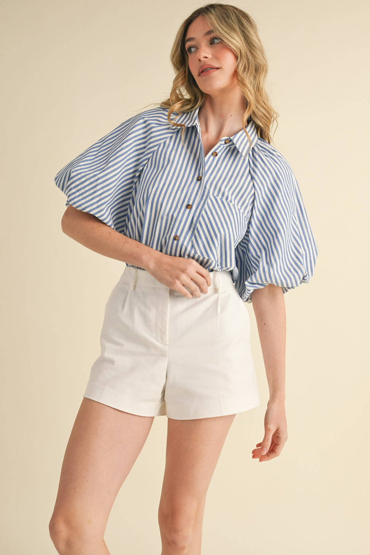 Women's Short Sleeve - STRIPED BUBBLE SLEEVE BUTTON DOWN TOP - - Cultured Cloths Apparel