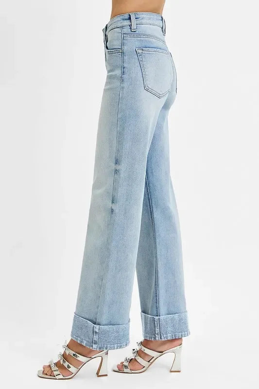 Denim - RISEN Full Size Tummy Control High Rise Ankle Wide Cuffed Jeans - - Cultured Cloths Apparel