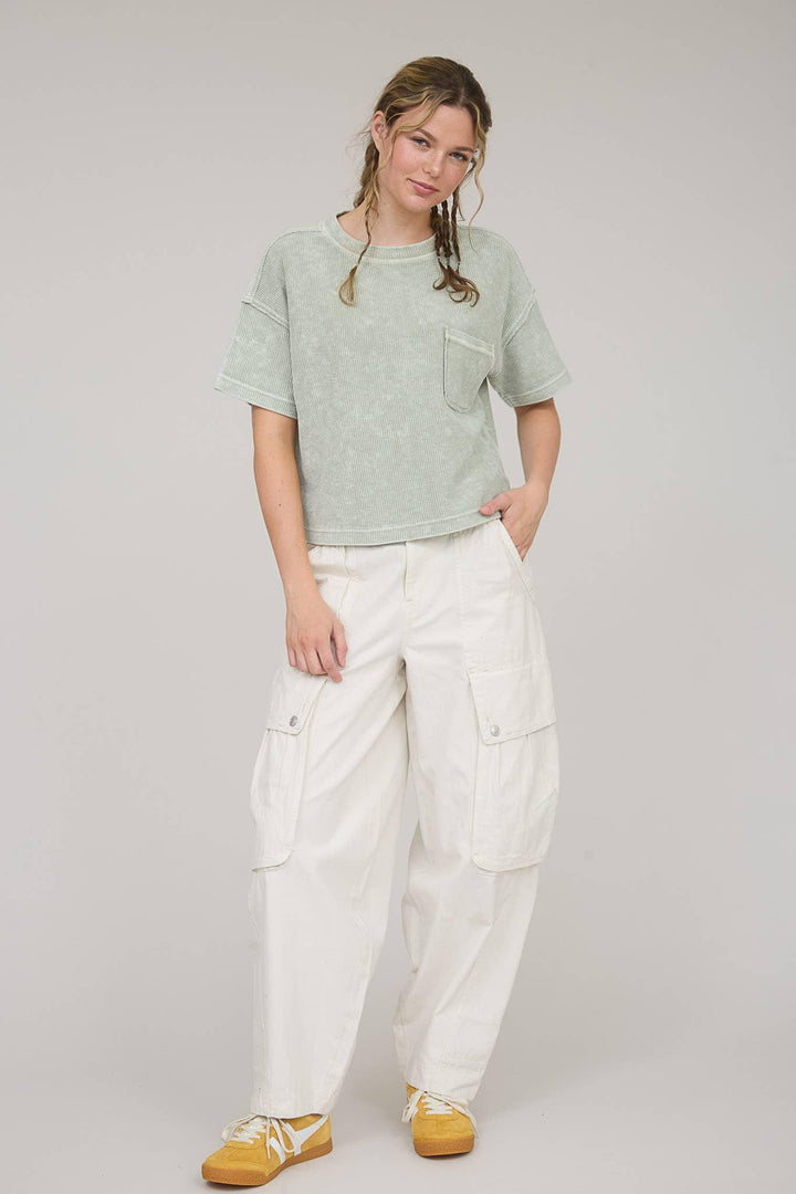 Women's Short Sleeve - WASHED RIBBED SHORT SLEEVE TEE WITH POCKET - - Cultured Cloths Apparel