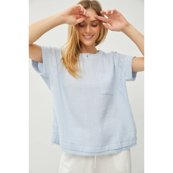 Women's Short Sleeve - Cotton Gauze Short Sleeve Keyhole Back Blouse - Chambray - Cultured Cloths Apparel