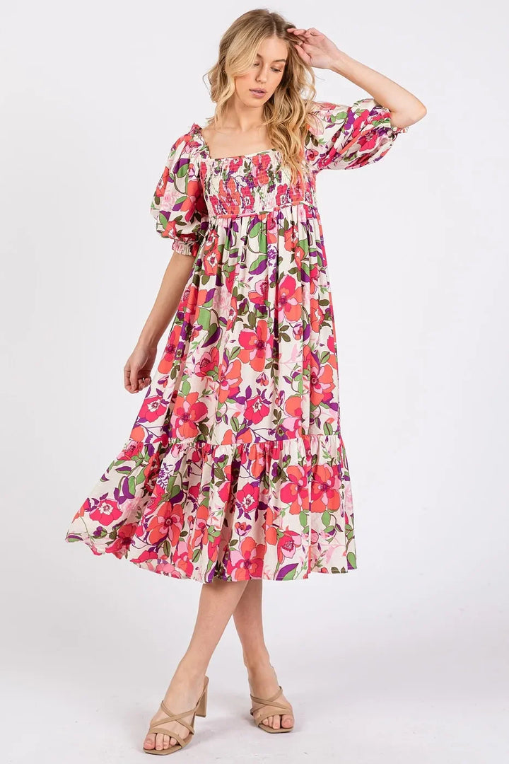 Women's Dresses - Mittoshop Flower Print Puff Sleeve Ruffle Smocked Midi Dress - FUCHSIA - Cultured Cloths Apparel