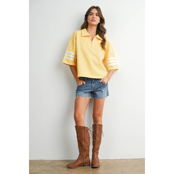 Women's Short Sleeve - Striped Sleeve Quarter-Zip Pullover - - Cultured Cloths Apparel