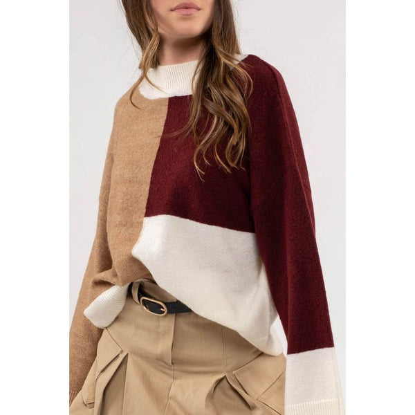 Women's Sweaters - Mock Neck Colorblock Sweater - Rosewood - Cultured Cloths Apparel