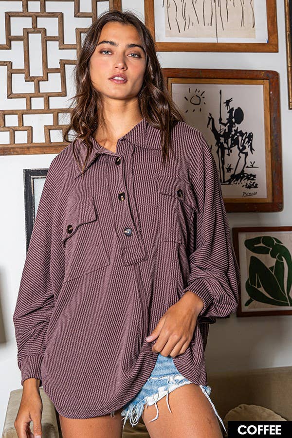T1578-3 Solid Texture Knit Collared Loose Fit Top