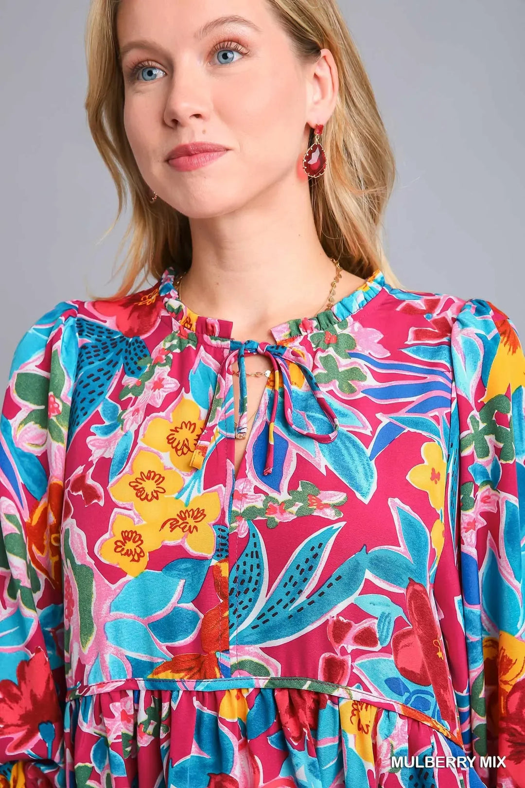 Women's Dresses - Umgee Full Size Floral Print Tie Neck Midi Dress with Pockets Plus Size - - Cultured Cloths Apparel