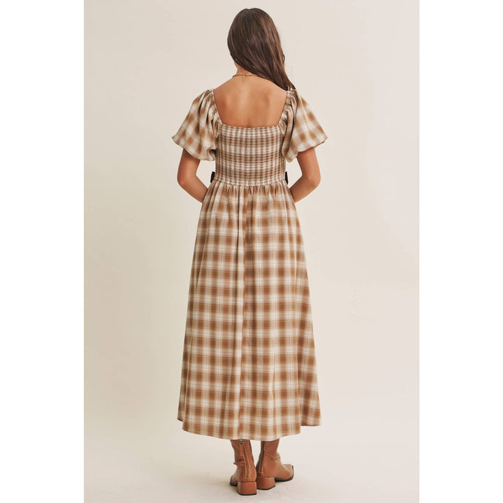Women's Dresses - GOLDEN FIELD PLAID SMOCKED MIDI DRESS WITH CONTRAST BOW - - Cultured Cloths Apparel