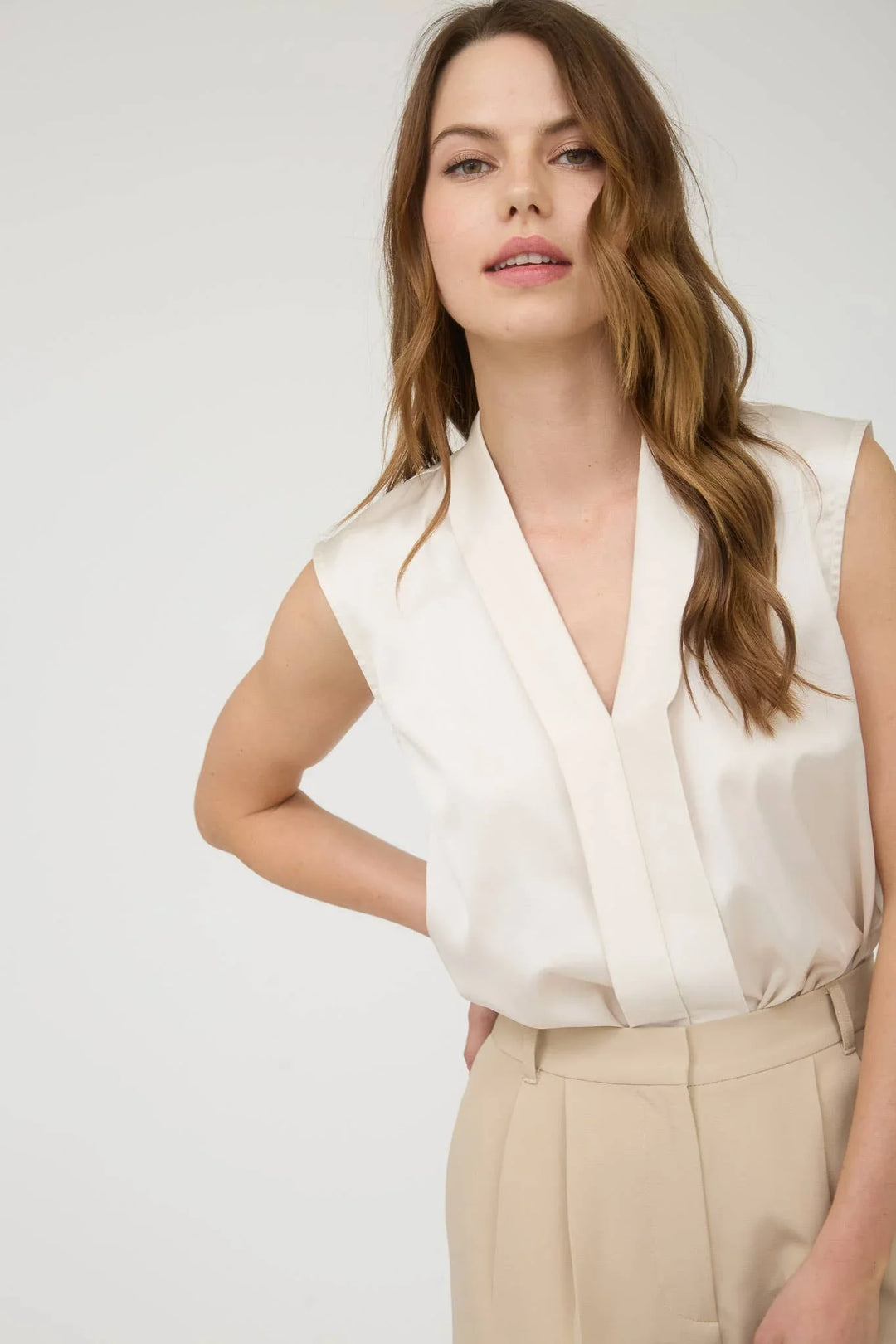 Women's Sleeveless - SATIN COLLARED SLEEVELESS BLOUSE - - Cultured Cloths Apparel