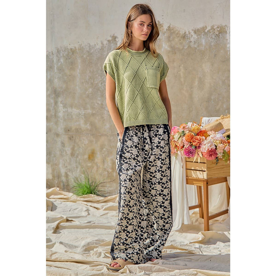 FLORAL JACQUARD SIDE LACE TRIM ELASTIC PANTS