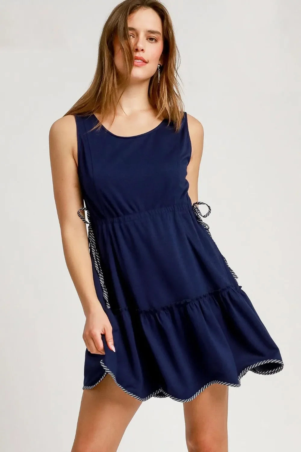 Women's Dresses - Umgee Frill Drawstring Waist Round Neck Mini Tank Dress - Dark Navy - Cultured Cloths Apparel