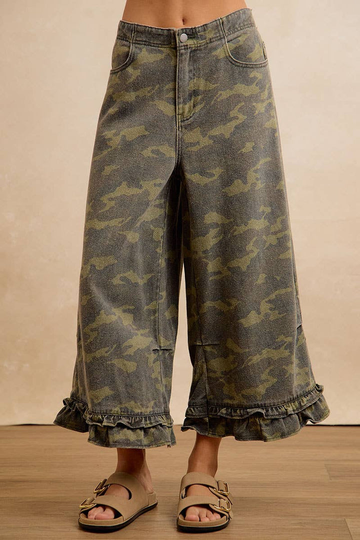 Pants - CAMOUFLAGE DENIM RUFFLED HEM MID RISE PANTS - - Cultured Cloths Apparel
