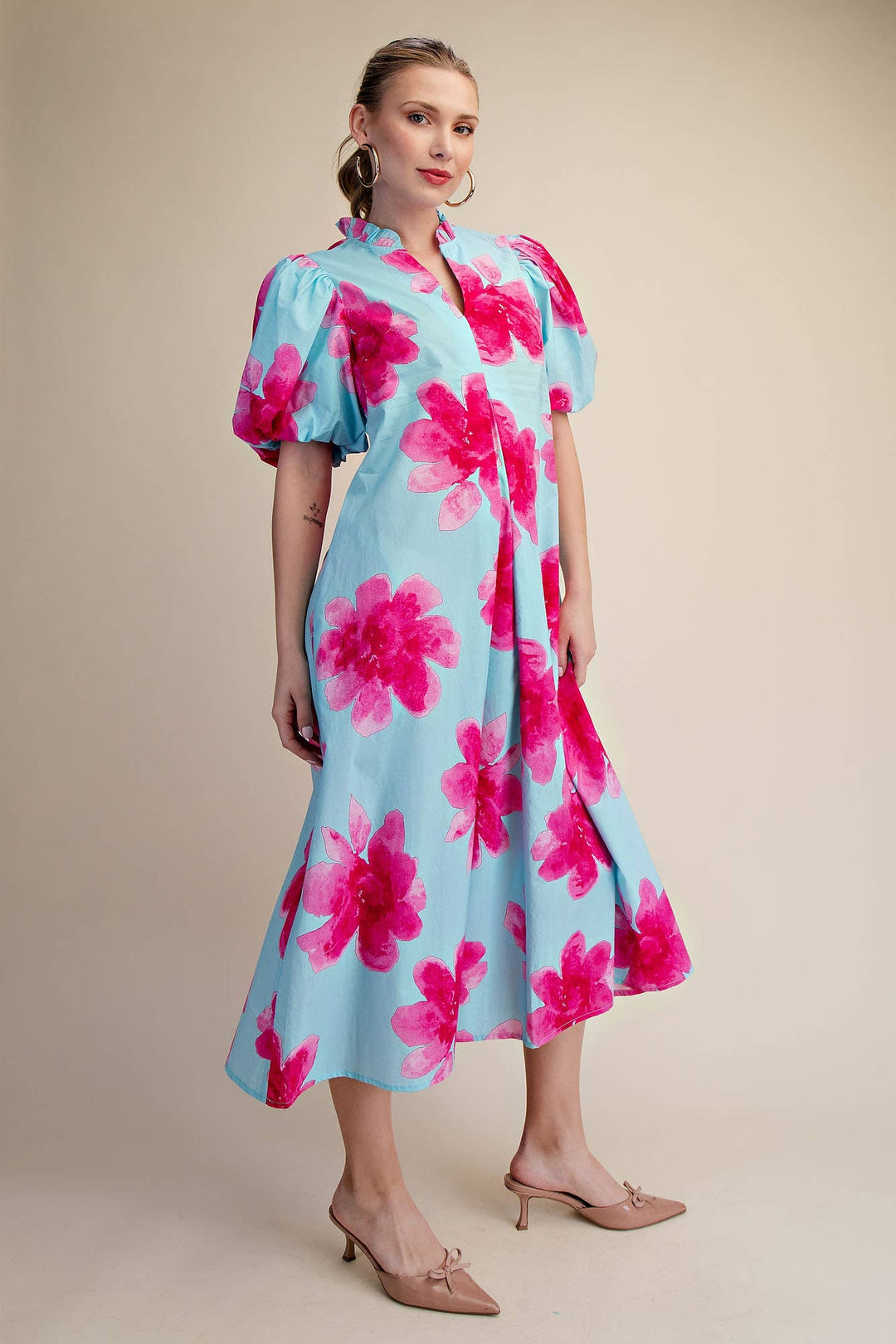 Lime Ruffle V-Neck Puff Sleeve Waist Pleated Midi Dress