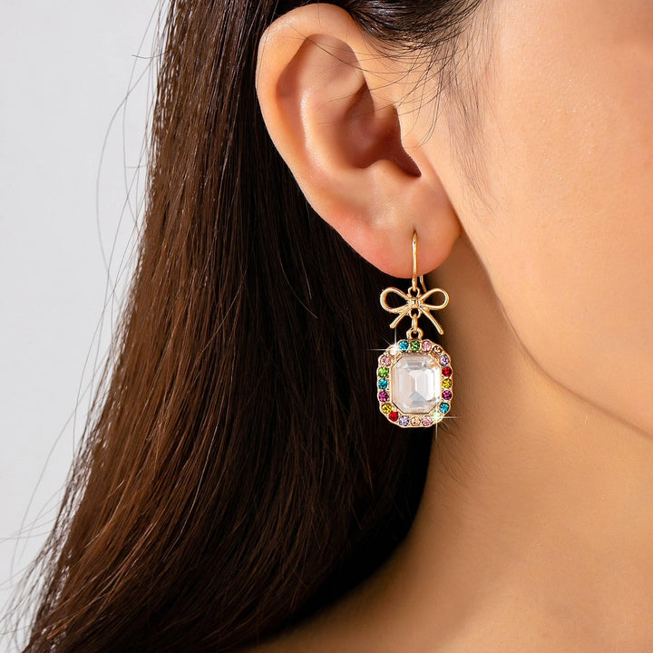 Accessories, Earrings - Bow & Emerald-Cut Rainbow Crystal Drop Earrings | 80E62407 - GOLD - Cultured Cloths Apparel