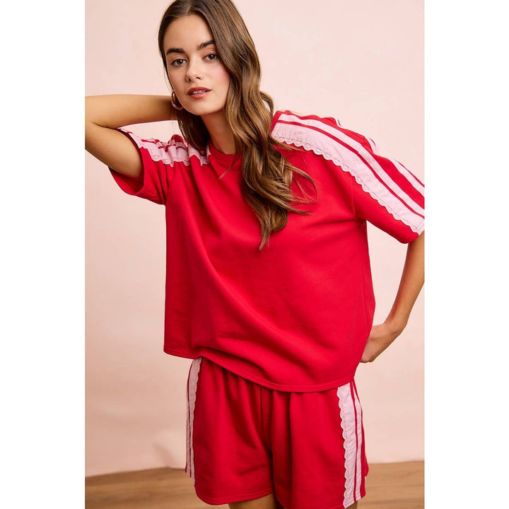 FRENCH TERRY SIDE LACE DETAIL SHORT SLEEVES TOP