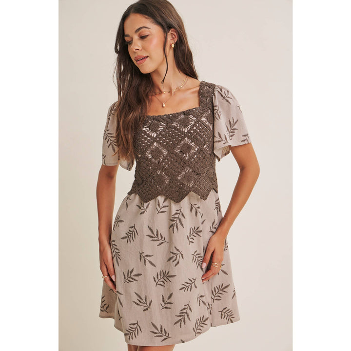 Women's Dresses - ARTISAN CROCHET FERN PRINT SMOCKED BABYDOLL MINI DRESS - - Cultured Cloths Apparel