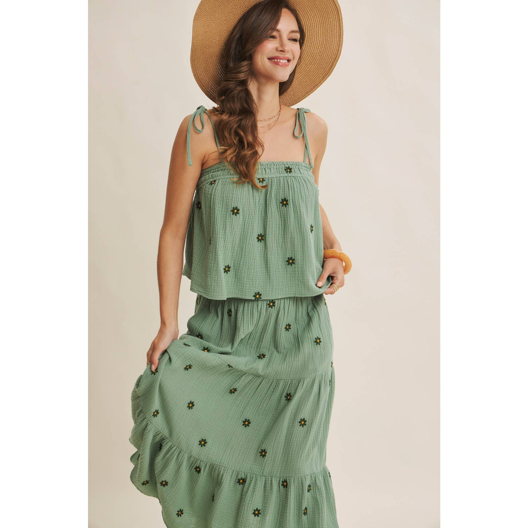 Women's Sleeveless - SUNSET FIELD EMBROIDERED COTTON GAUZE TANK WITH TIE STRAPS - - Cultured Cloths Apparel