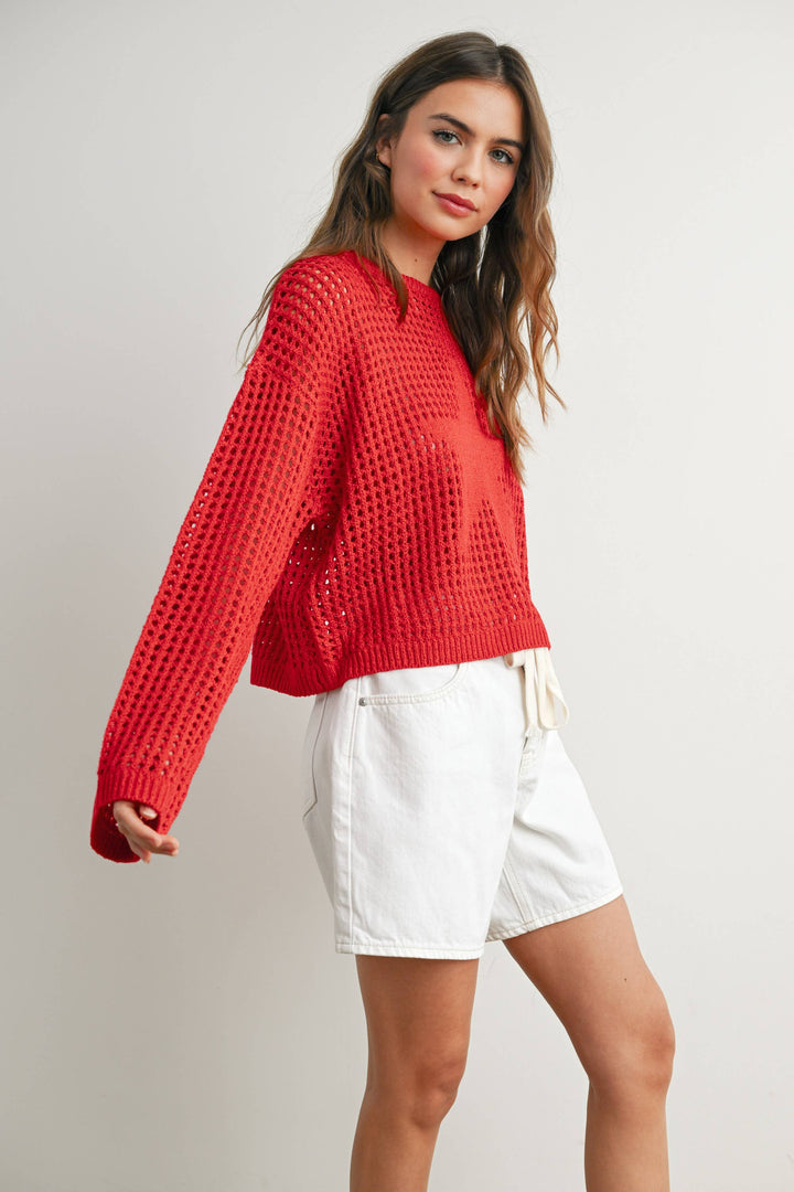 Women's Sweaters - Star Crew Neck Crochet Sweater - - Cultured Cloths Apparel