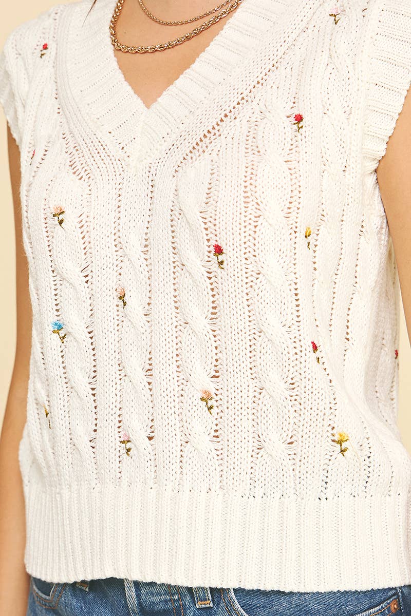 Women's Sleeveless - FLORAL EMBROIDERED CABLE KNIT SWEATER VEST - - Cultured Cloths Apparel
