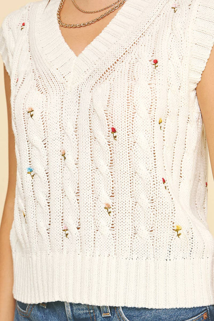 Women's Sleeveless - FLORAL EMBROIDERED CABLE KNIT SWEATER VEST - - Cultured Cloths Apparel