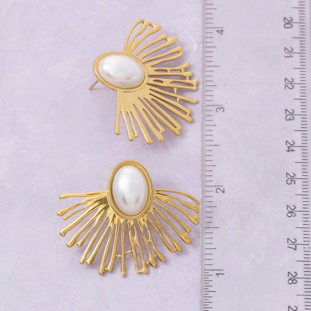 Accessories, Earrings - Gold Dipped Pearl Center Fan Ray Stud Earrings - - Cultured Cloths Apparel