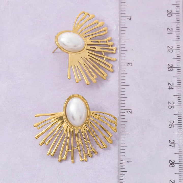 Accessories, Earrings - Gold Dipped Pearl Center Fan Ray Stud Earrings - - Cultured Cloths Apparel