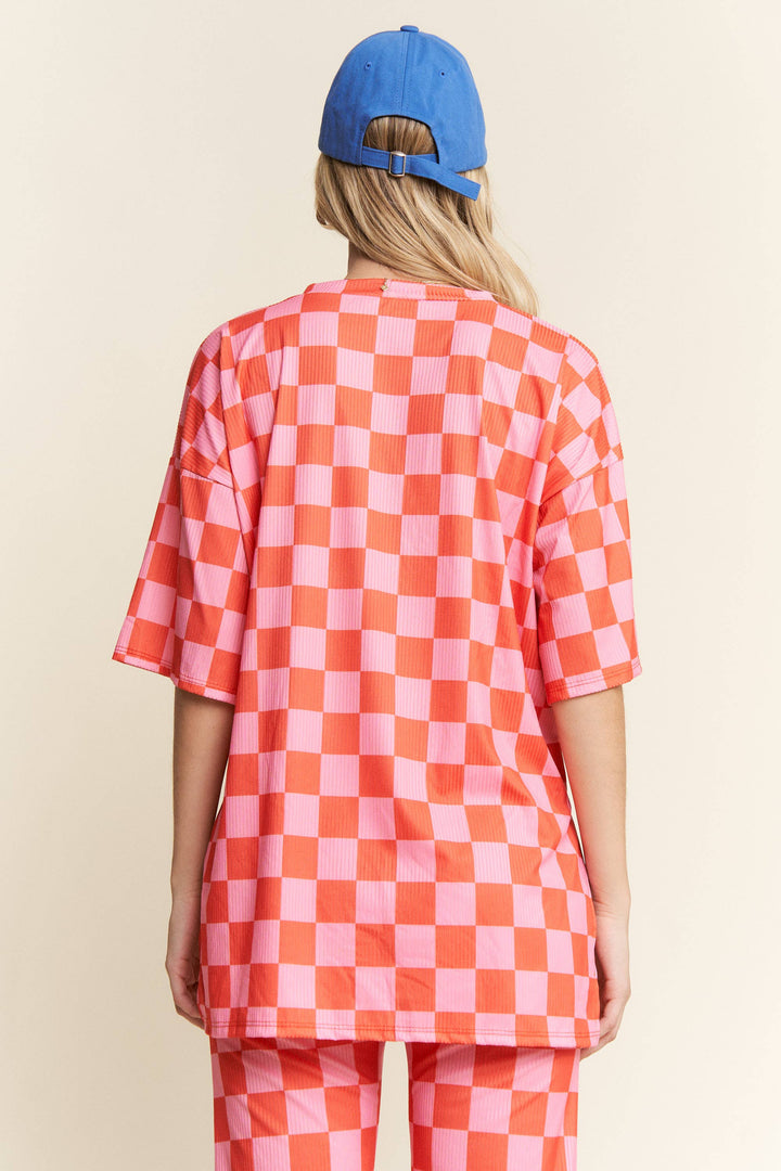 RIBBED CHECKERED PRINT TOP/STRAIGHT LEG PANTS SET