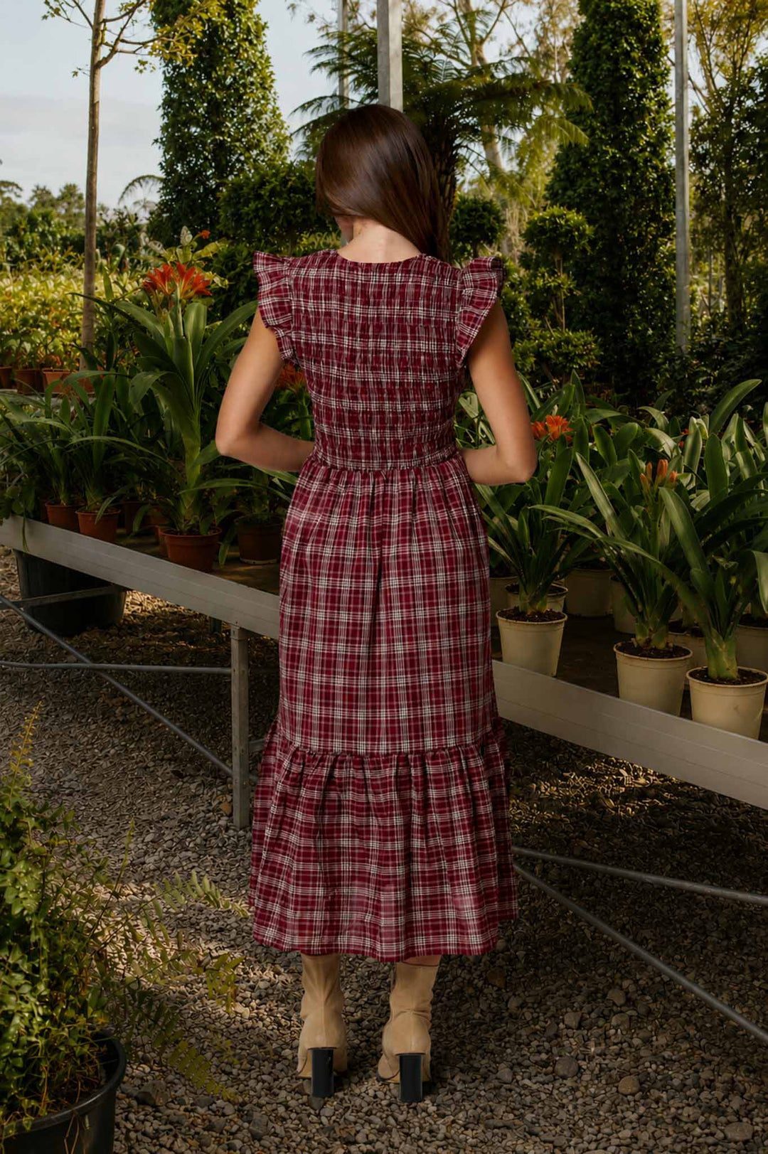 PLAID SMOCKED V NECK BUTTON DOWN RUFFLED MIDI DRES