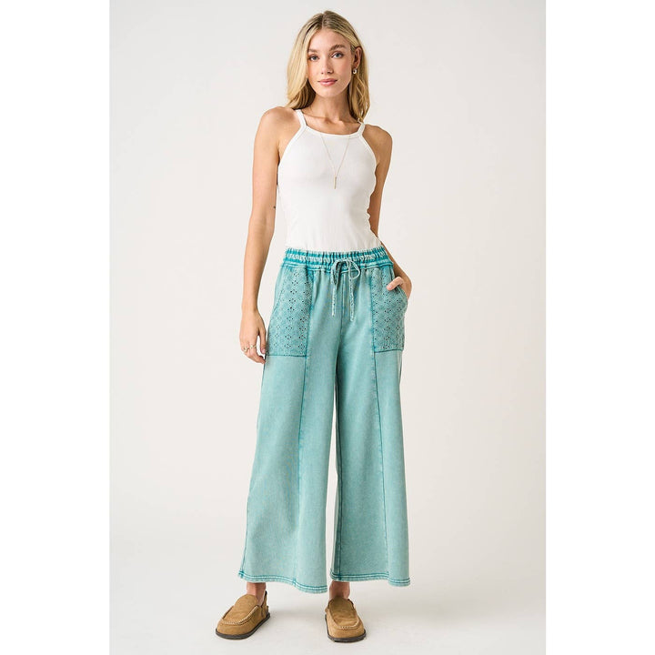Pants - EYELET LACE POCKET MINERAL WASH WIDE LEG PANTS - - Cultured Cloths Apparel