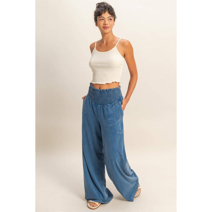 Mineral Washed Wide-Leg Smocked Waist Pants