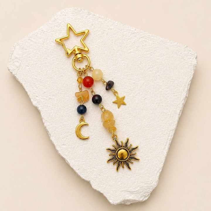 STAINLESS CELESTIAL SUN MOON STAR BEADED KEYCHAIN