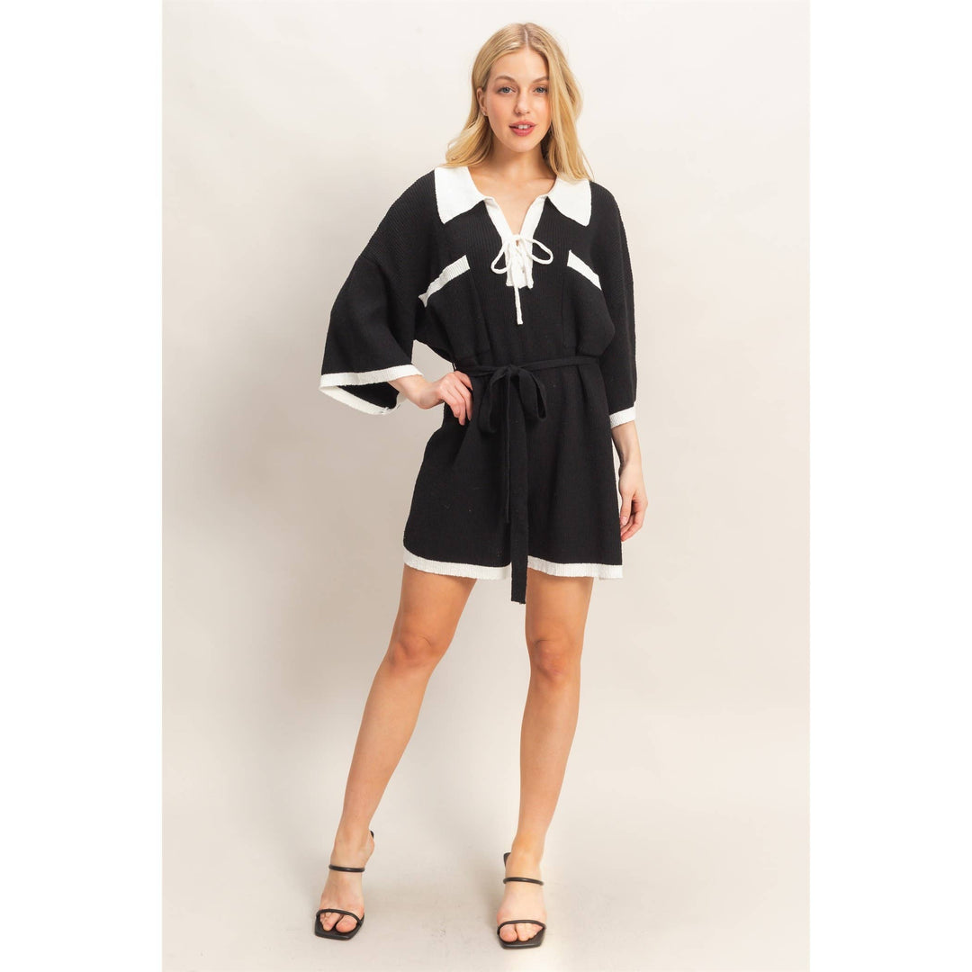 Women's Rompers - Knit Romper With Contrast Tie - - Cultured Cloths Apparel